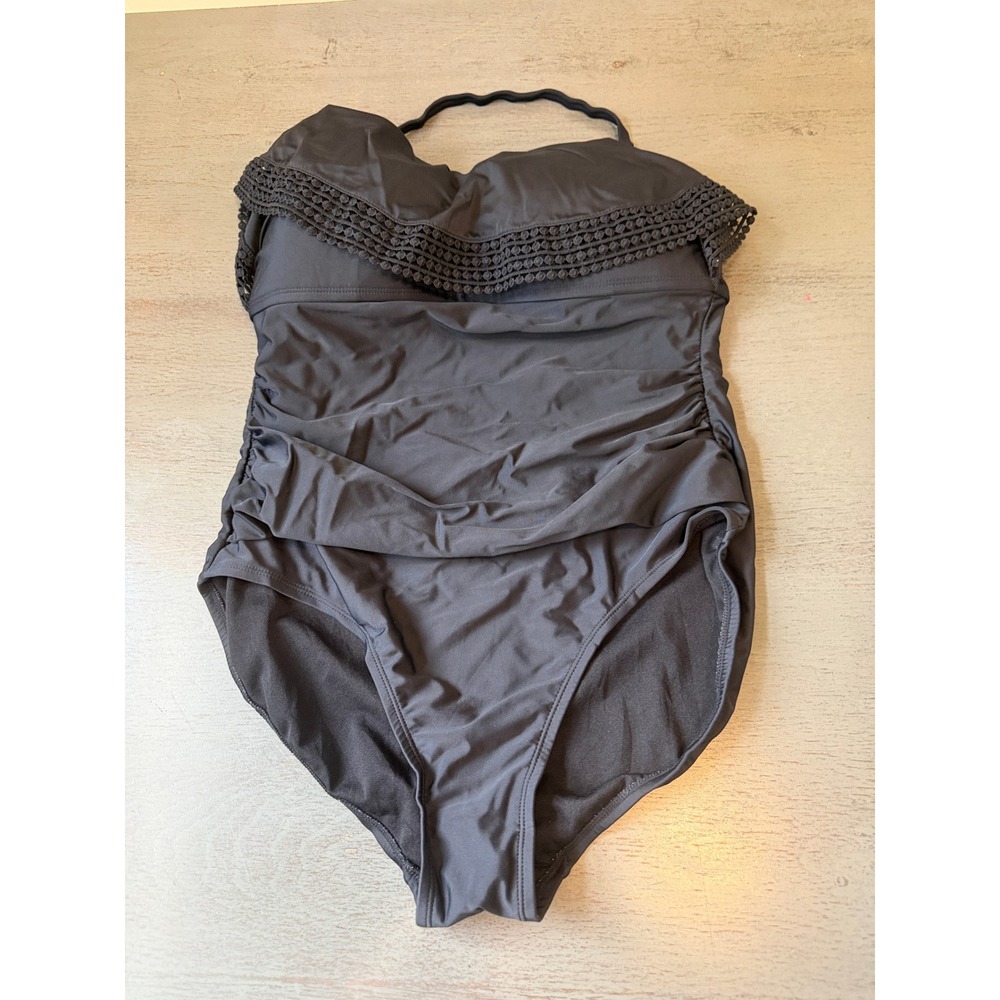 Kona Sol Black Ruched One Piece Swimsuit Crochet Ruffle Halter Large